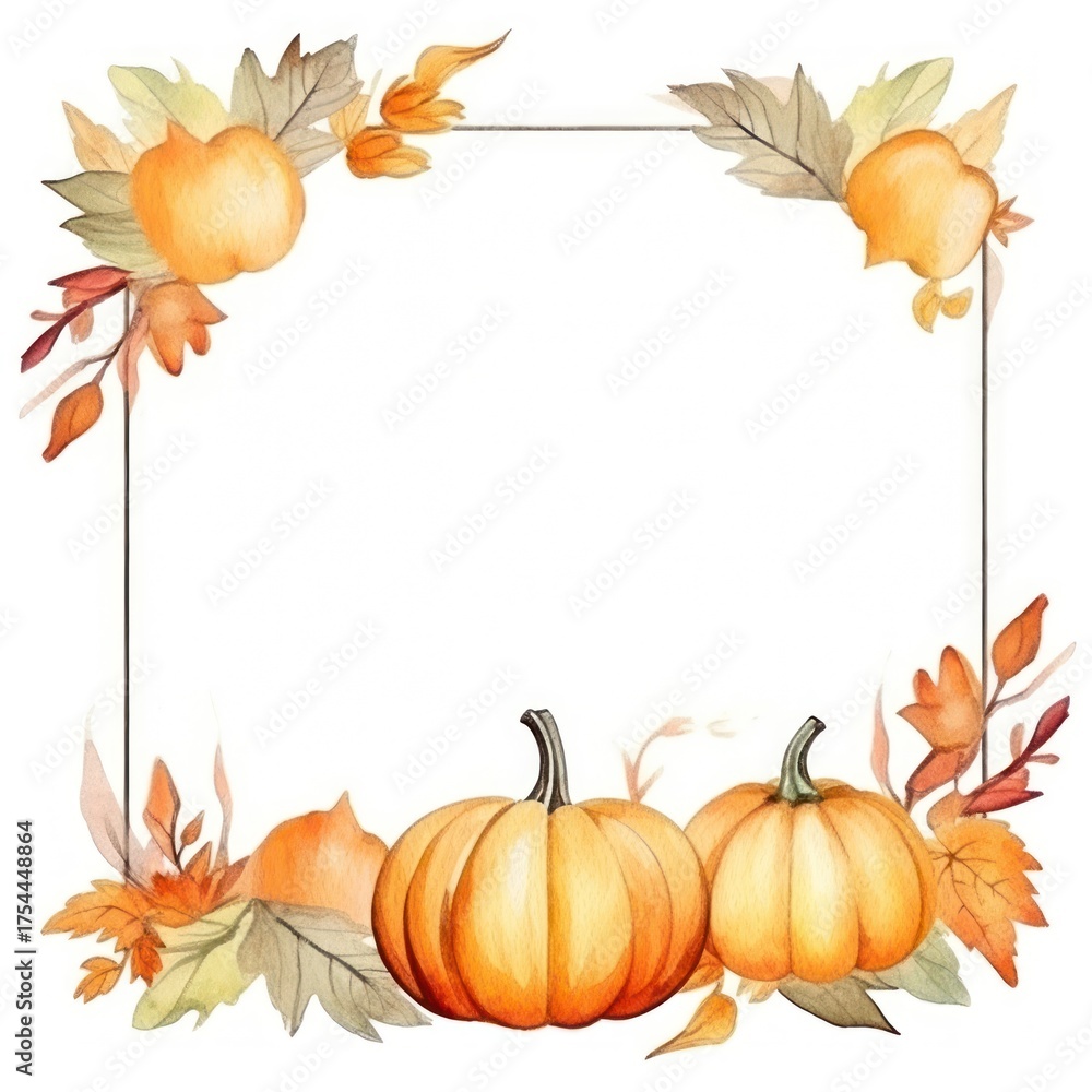 Fototapeta premium Pumpkin and autumn leaf frame watercolor vegetable plant gourd.