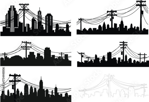 Urban city skyline silhouette with power poles and electric wires vector illustration, modern industrial energy connection design for cityscape infrastructure