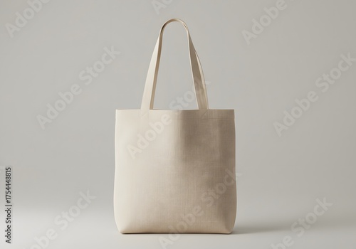 Blank beige cotton tote bag mockup on light gray background	
