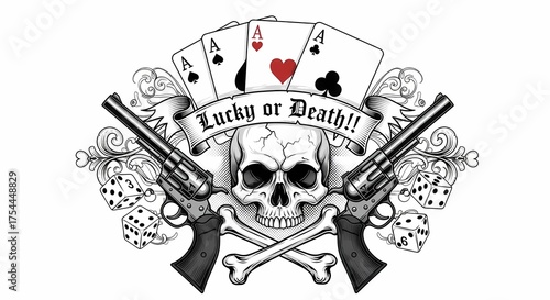 Skull with Crossed Pistols and Playing Cards Graphic Design for T-Shirt or Poster featuring Skull and Guns in Tattoo Style Art