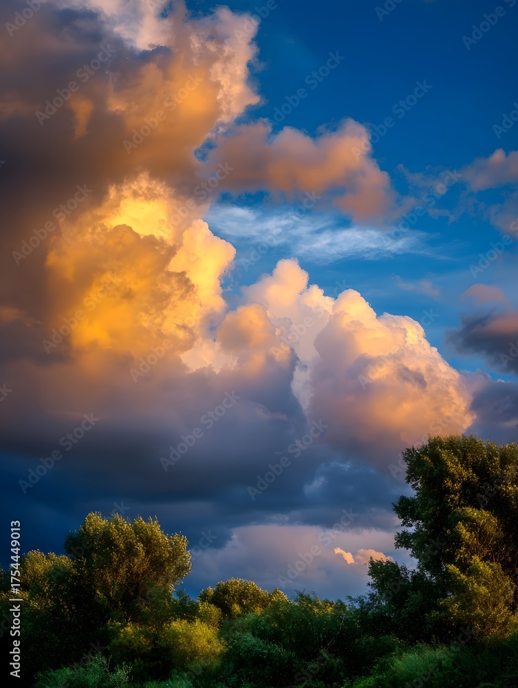 Obraz premium Golden hour sunlight illuminates a vibrant sky with scattered clouds and fresh droplets after rain casting light over a lush verdant forest below