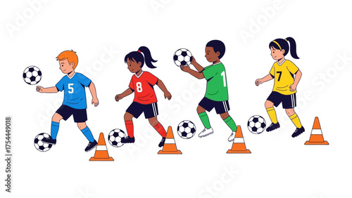 Soccer Players in Action: A diverse group of young soccer players practices their skills with soccer balls and cones, engaged in a fun and active training session.