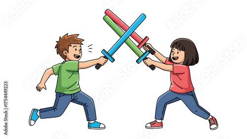 Playful Duel: Two children engage in a spirited sword fight with colorful toy swords, embodying the joy of imaginative play and youthful energy.