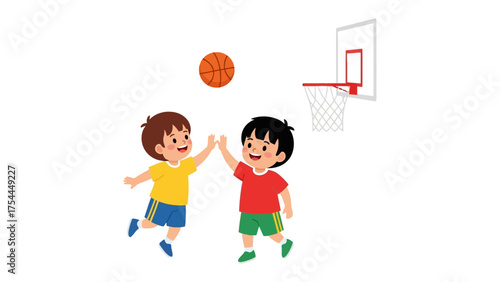 Hoop Dreams: Two young children celebrate a successful basketball game with a high five, ball suspended in mid-air, and the hoop awaits the next shot.