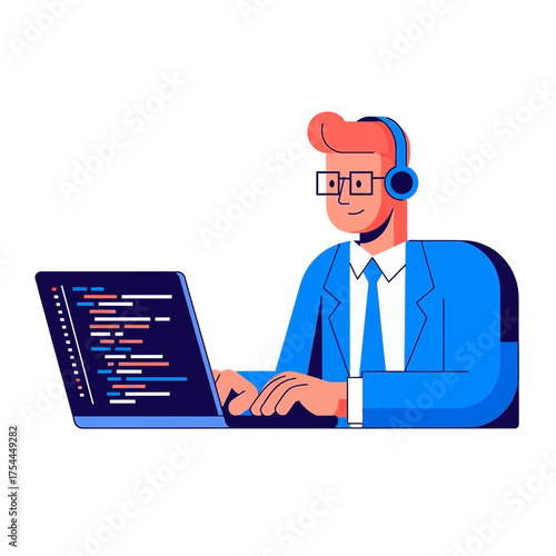 Professional Male Developer Coding Software on Laptop with Headphones - Vector Illustration