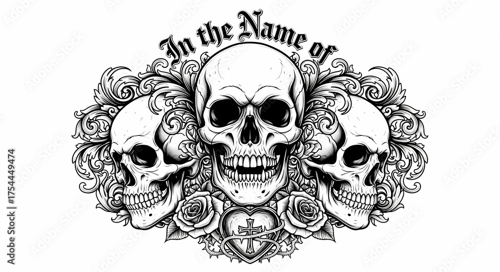Fototapeta premium Ornate Gothic Tattoo Design Featuring Three Intricately Detailed Skulls with Floral Accents and Script Text in Black and White