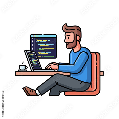 Male Programmer Coding on Laptop with External Monitor. Software Development Vector Illustration.