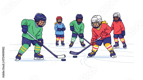 Youthful Ice Hockey: A group of children, adorned in colorful gear, engage in an energetic ice hockey match on a pristine rink, displaying teamwork and competitive spirit. 