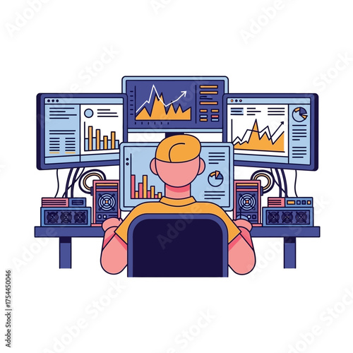 Cryptocurrency Miner Trader Monitoring Multi-Screen Data and Financial Market Trends