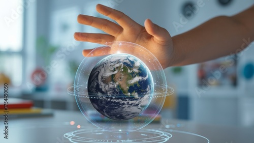 young student hand gently hovering over an incredibly detailed, interactive holographic projection of Earth and the Moon, rotating slowly in space. The hologram is rendered with scientific accuracy