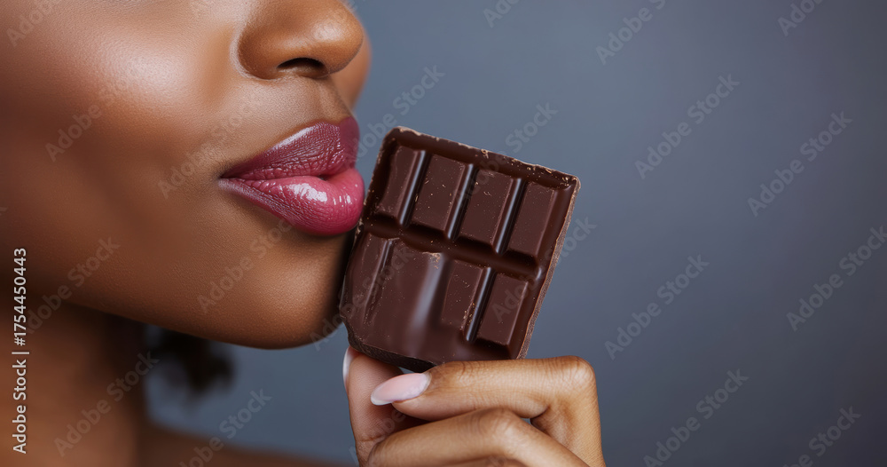 © TENphoto - Woman enjoying a piece of dark chocolate with a sensual expression