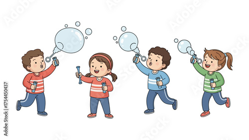 Joyful Bubble Blowers: A group of children joyfully blow shimmering bubbles into the air, embodying carefree innocence. A scene that sparks imagination and embodies the purest form of play.
