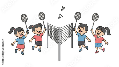 Kids Badminton Game: A group of children are enthusiastically playing badminton, their rackets raised high as the shuttlecock flies over the net in a fun and playful game.
