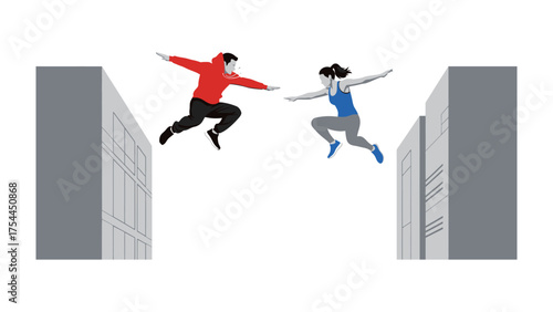 Parkour Jump: Two individuals demonstrate skill and agility, performing a dynamic parkour jump between urban buildings. Showcasing athleticism, urban exploration, and the thrill of movement.
