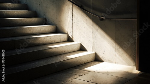 ascend. A sunlit staircase leading upward with a radiant glow at the top, creating strong contrast. real-estate listings.