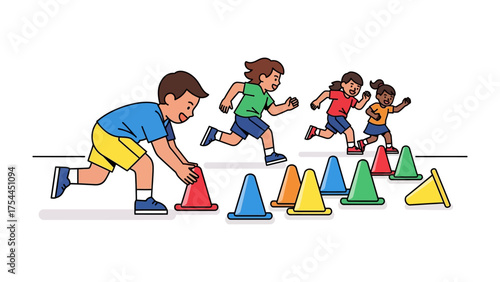 Kids' obstacle course: A cheerful group of kids is running an exciting obstacle course and enjoying outdoor sport activities.