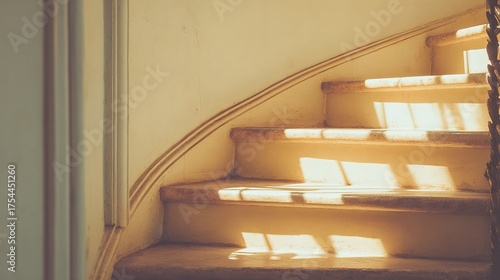 ascend. A sunlit staircase leading upward with a radiant glow at the top, creating strong contrast. real-estate listings.