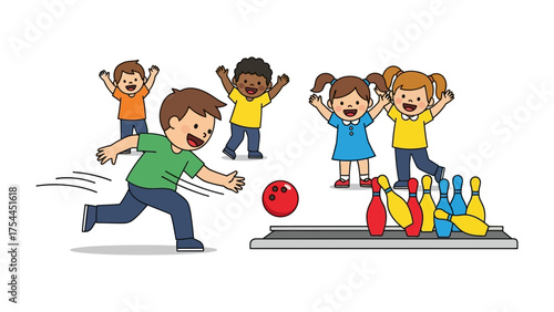 Kids Bowling Fun: A cheerful illustration capturing the exciting world of kids bowling, showcasing the joy of the game and camaraderie.