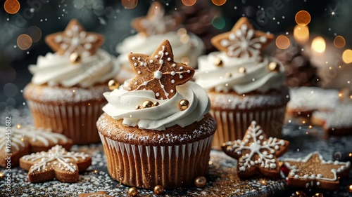 Festive cupcake display with falling snow and gingerbread cookie decorations
