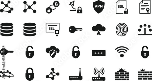 Collection of cybersecurity and network security icons representing data protection encryption and network access isolated on transparent background