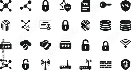 Collection of security and technology icons including network nodes locks fingerprints databases and wi fi signals isolated on transparent background