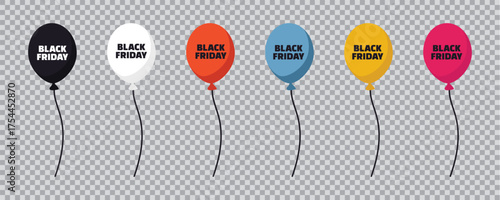 Black Friday balloons vector set. Colorful balloons with Black Friday text, transparent background, festive decoration for sale, discount, and shopping promotion