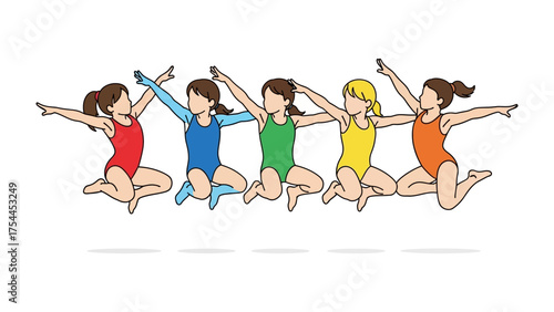 Harmony in Flight: A vibrant illustration of five young gymnasts linked in a joyful leap, showcasing teamwork, energy, and synchronized movement, highlighting the grace and fluidity of gymnastics.