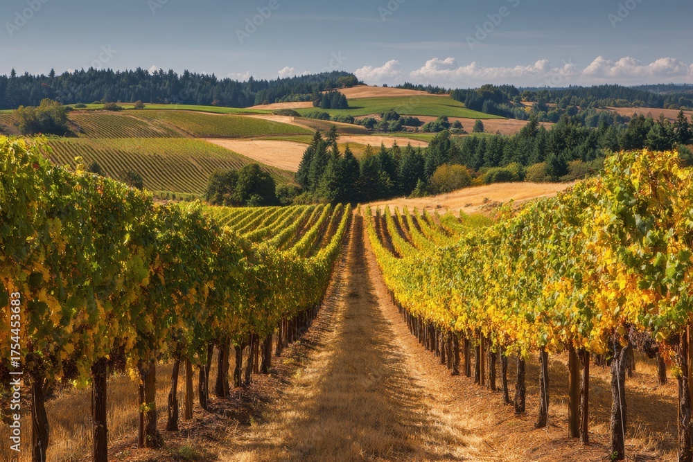 Fototapeta premium Willamette Valley Vineyards. Beautiful Day in Oregon's Dundee with Vibrant Vines in a Row
