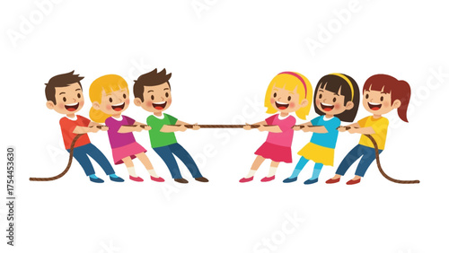Tug of War Fun: A group of cheerful children engage in a spirited game of tug-of-war, their faces lit up with excitement and camaraderie. capturing the joy of childhood and the spirit of teamwork.