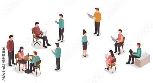 Isometric office teamwork scene with diverse characters and laptops