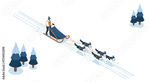 Isometric winter dog sled adventure with snowy trees and musher