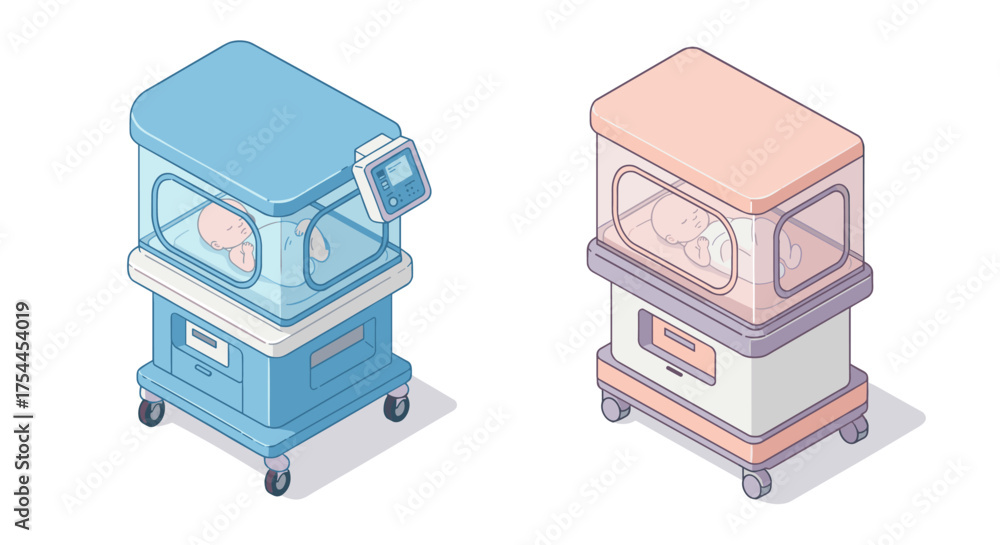 Isometric neonatal incubator designs: blue and pink variants