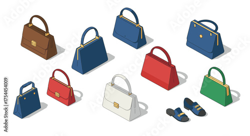 Colorful isometric handbags and shoes in modern minimalist style