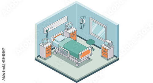 Isometric hospital room with modern equipment and furniture in soft colors