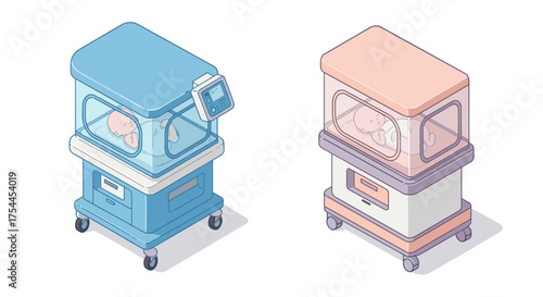 Isometric neonatal incubator designs: blue and pink variants