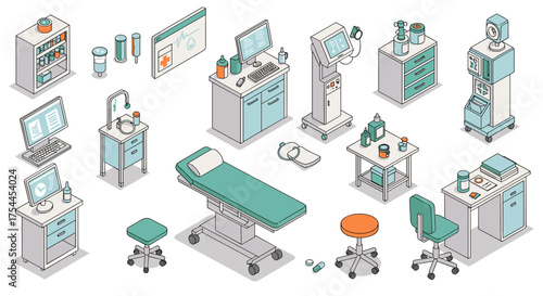 Modern medical equipment in isometric style: hospital room with advanced technology and furniture