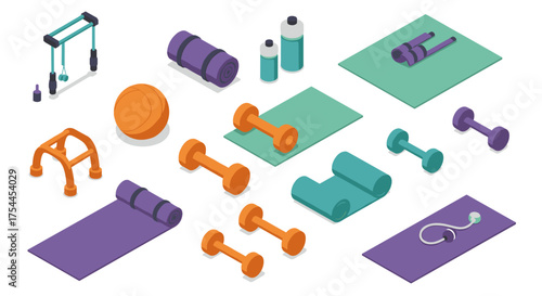 Isometric home gym equipment set including dumbbells, yoga mats, and exercise accessories