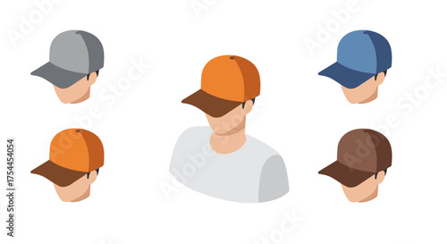 Collection of isometric baseball caps in various colors