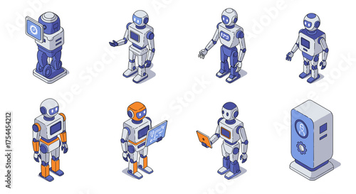 Futuristic robot isometric designs with gadgets and devices