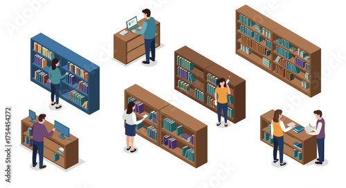 Isometric library scene with people interacting and browsing bookshelves