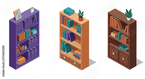 Isometric bookshelves with office supplies and decor elements on white background