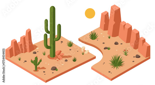 Isometric desert landscape with cacti and rocks in sunlit scene