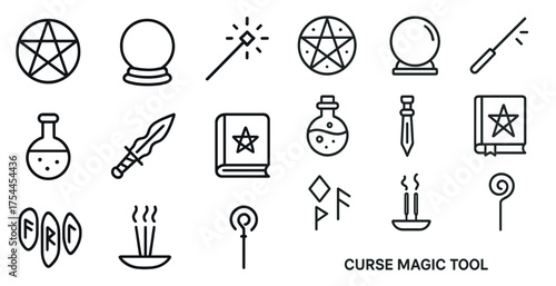 Magic and witchcraft outline icons set – mystical, enchanted, spell symbols