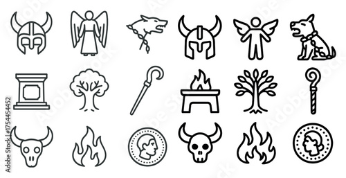 Viking and mythology line icons set – outline, norse and ancient symbols