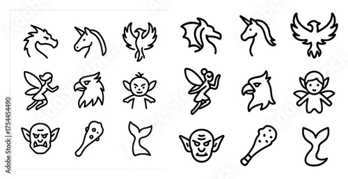 Fantasy creatures outline icons set – mythical, legendary, mystical symbols