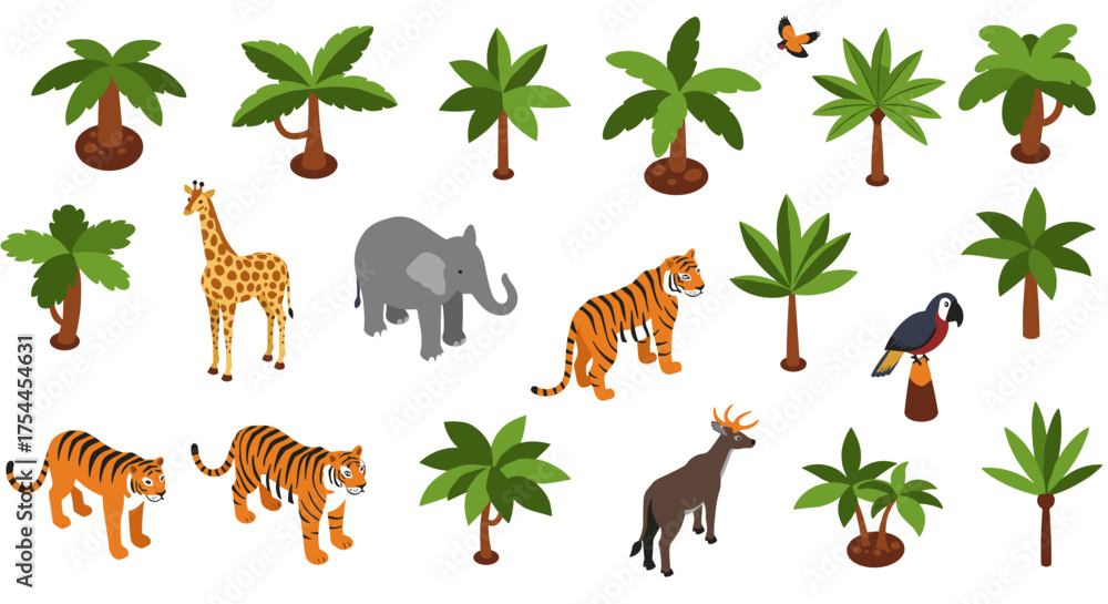 Obraz premium Isometric jungle animals and trees collection for creative projects