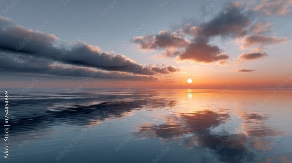 Fototapeta premium A serene sunset over calm waters, reflecting vibrant hues and soft clouds, creating a tranquil and picturesque coastal scene.