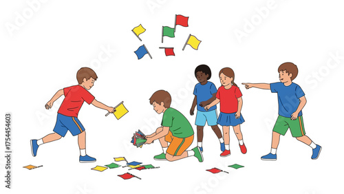 Playful Pursuit: Children joyfully engaging in a spirited flag-gathering activity, their faces alight with delight.