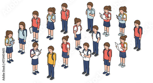 Schoolchildren standing in groups with backpacks and papers in isometric style