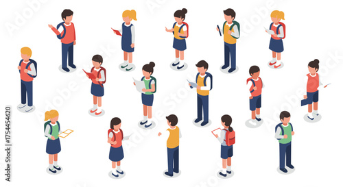 Diverse students engaged in school activities isometric design